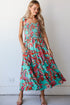 Green Abstract Print Smocked Bodice Knotted Straps Ruffled Maxi Dress